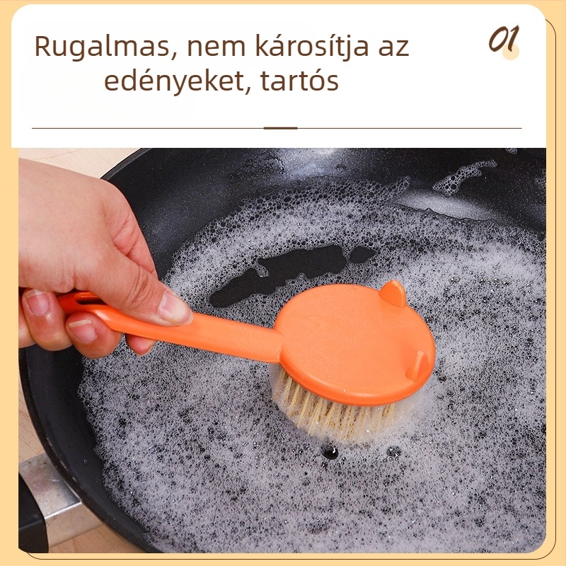 Hosszú nyelű konyhai tisztítóecset fazekak és edények tisztítására, kaparóval