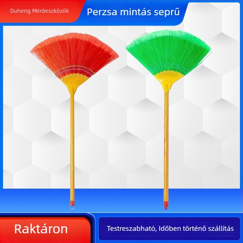 Vastagított hullámos drót seprű fa nyéllel, színes fejű