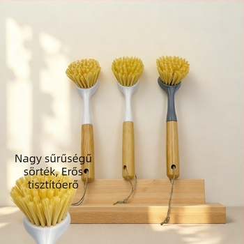 Hosszú nyelű konyhai tisztító kefe edények, tálak és fazekak tisztítására — bambusz/fa anyagú tál és sisal szálak