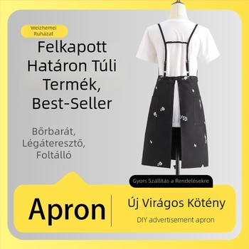 Hímzett pamut kötény állítható fekete pántokkal, olajálló és vízálló, ujjatlan, nőknek