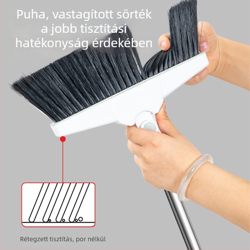 Söpörész- és porlapát készlet, 30 cm, megnövelt seprű, dupla sornyi kaparófogak, összecsukható tároláshoz, puha sörtéjű.