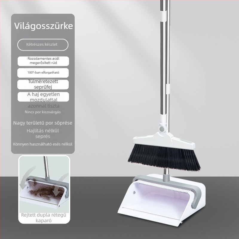 Söpörész- és porlapát készlet, 30 cm, megnövelt seprű, dupla sornyi kaparófogak, összecsukható tároláshoz, puha sörtéjű.