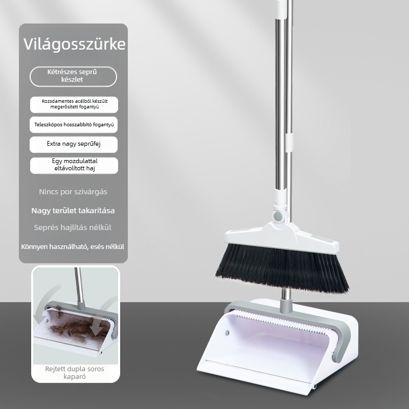 Söpörész- és porlapát készlet, 30 cm, megnövelt seprű, dupla sornyi kaparófogak, összecsukható tároláshoz, puha sörtéjű.