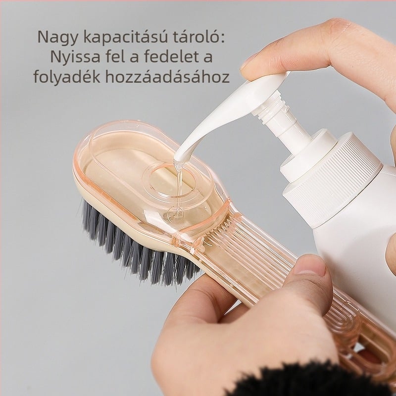 Akasztható, többfunkciós cipőtisztító kefe folyadékadagolóval, puha szálú sörtével, otthoni használatra
