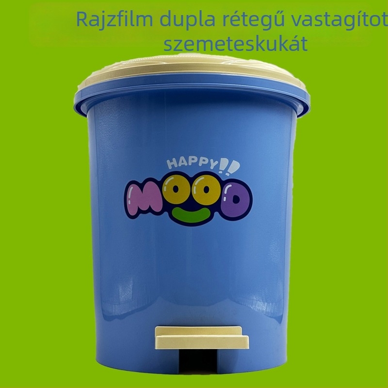 Rajzfilmszerű szemetes, nagy kapacitású, fedéllel, lábpedállal, otthoni fürdőszobába