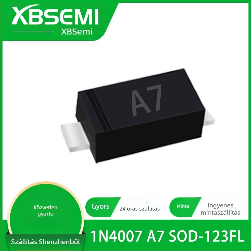 1N4007 M7 egyenirányító dióda, 1 A, 1000 V, SMA/SMD csomagolás, A7, SOD-123FL