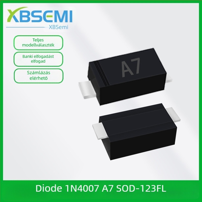 1N4007 M7 egyenirányító dióda, 1 A, 1000 V, SMA/SMD csomagolás, A7, SOD-123FL