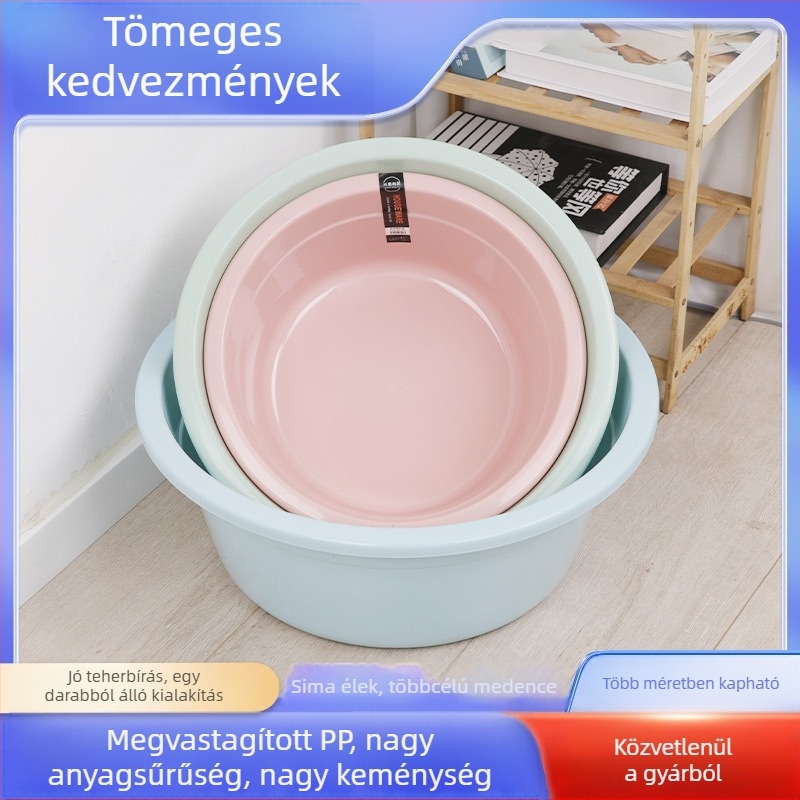 Otthoni használatra szánt műanyag mosdótál, nagyobb és vastag falú; fürdéshez és ruhák mosásához, ideális diákszállásokra