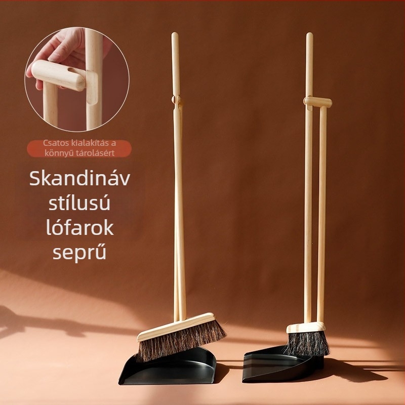 Lovas szőrös seprű és szemeteslapát készlet, könnyű háztartási használatra, fa nyéllel