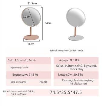 Asztali LED-es sminktükör világítással, okos funkciókkal, hordozható, összecsukható, fém állvánnyal