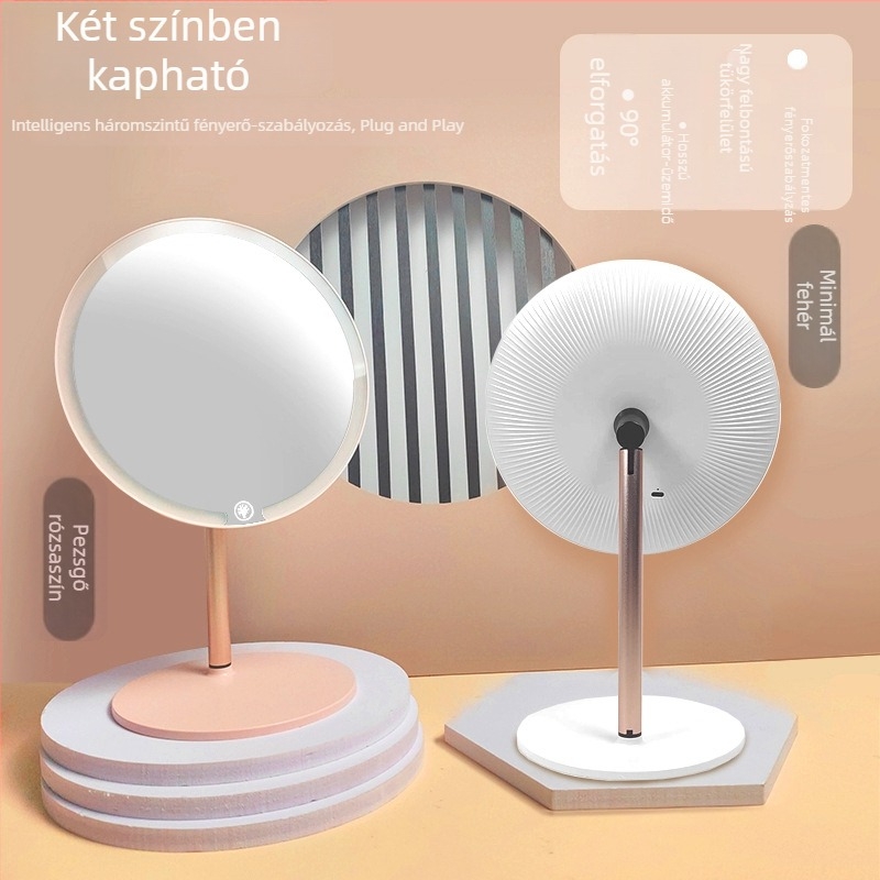 Asztali LED-es sminktükör világítással, okos funkciókkal, hordozható, összecsukható, fém állvánnyal