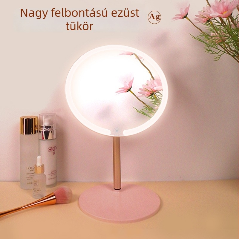 Asztali LED-es sminktükör világítással, okos funkciókkal, hordozható, összecsukható, fém állvánnyal