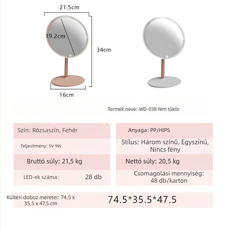 Asztali LED-es sminktükör világítással, okos funkciókkal, hordozható, összecsukható, fém állvánnyal