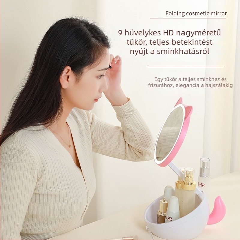 Nagy összecsukható sminktükör LED világítással, asztali lámpával, hercegnő-stílusú