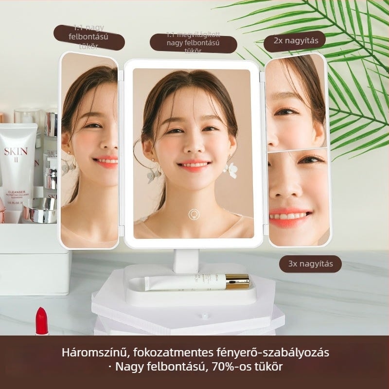 LED világítással ellátott összecsukható sminktükör – asztali használatra