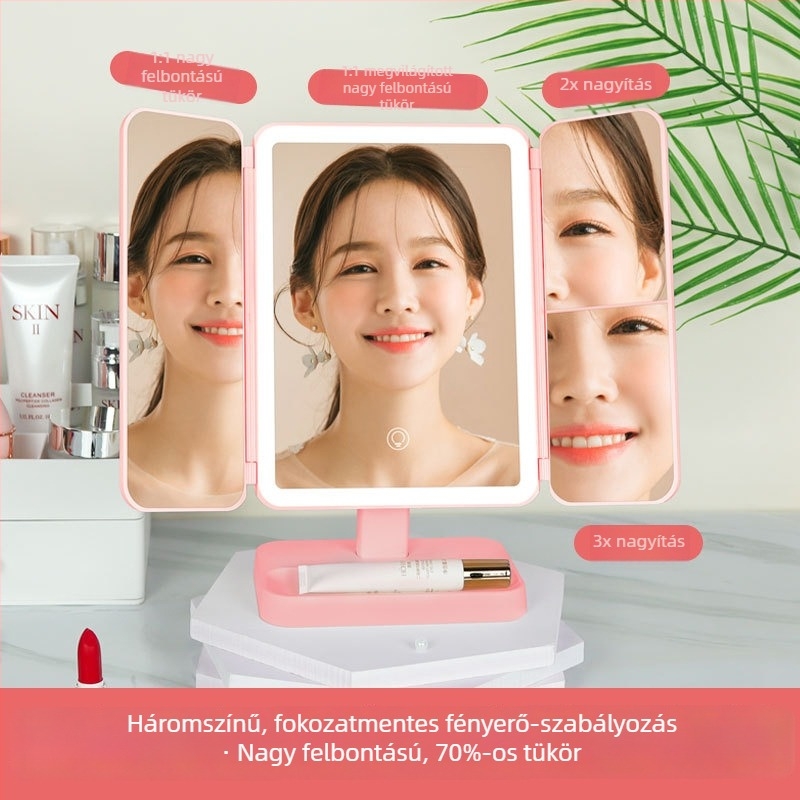 LED világítással ellátott összecsukható sminktükör – asztali használatra