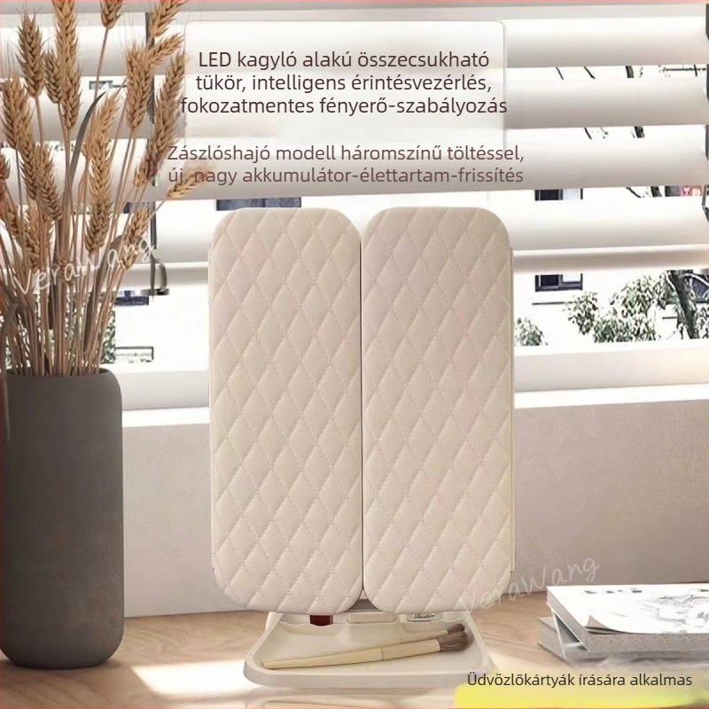LED okos asztali sminktükör állítható, kétfunkciós beépített háromoldalas tárolóval, összecsukható