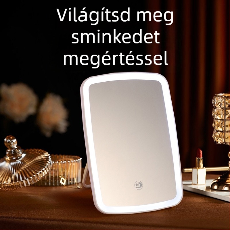 LED–világítású összecsukható asztali sminktükör, hordozható kozmetikai tükör alumínium lencsével, két darabos készlet, személyre szabható