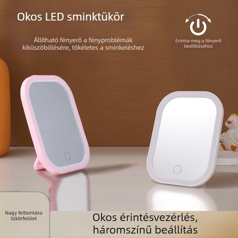Négyzet alakú sminktükör LED világítással, hordozható, levehető, érintéses vezérléssel, HD
