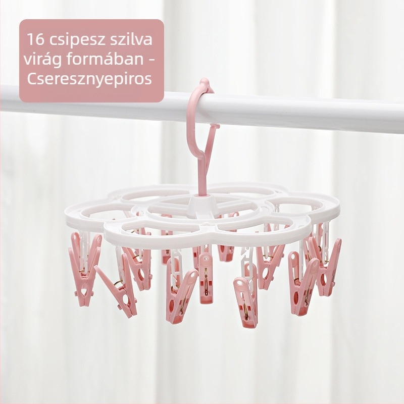 Otthoni ruhaszárító állvány plumvirág alakú dizájnnal, szélálló, műanyag csipeszekkel, gyerek zokni tartóval, multifunkcionális fehérneműszárító