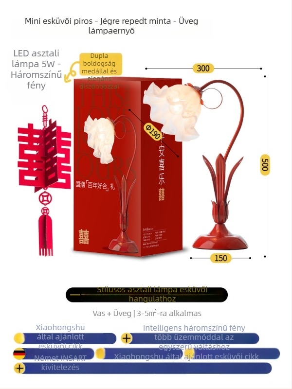 Vörös esküvői asztali lámpa virágos dizájnnal