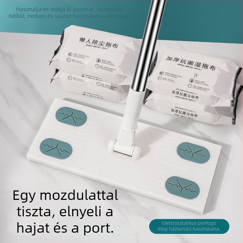 Elektrostatikus por eltávolító papírral ellátott mop, háztartási használatra, multifunkcionális síkmop, 2 az 1-ben száraz és nedves használat, forgó, egyszer használatos