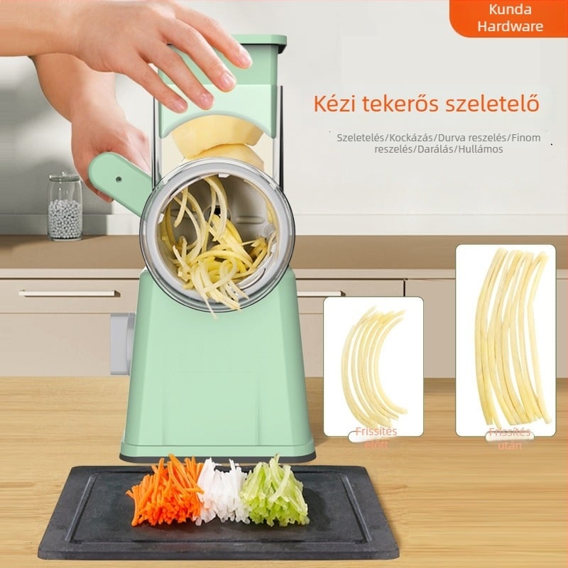 Többcélú zöldségvágó nagy kapacitású kockára vágáshoz, reszeléshez és szeleteléshez, krumplira és retkire; kézi tekerődob