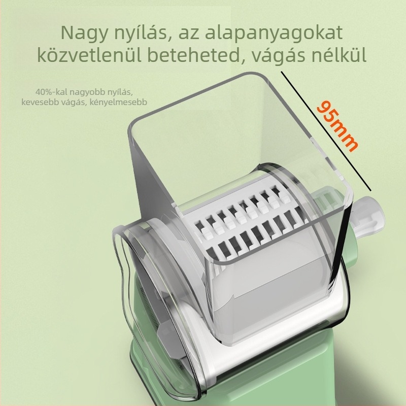 Többcélú zöldségvágó nagy kapacitású kockára vágáshoz, reszeléshez és szeleteléshez, krumplira és retkire; kézi tekerődob