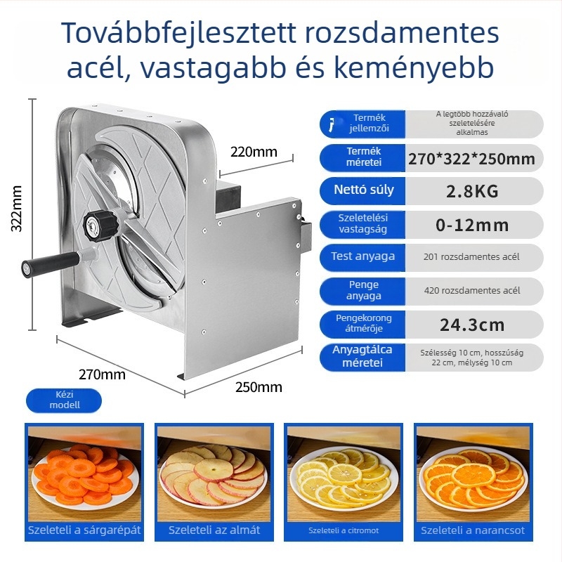 Rozsdamentes acélból készült, multifunkcionális gyümölcs- és zöldségszeletelő, elektromos és manuális használathoz, citromhoz, burgonyához és más zöldségekhez.
