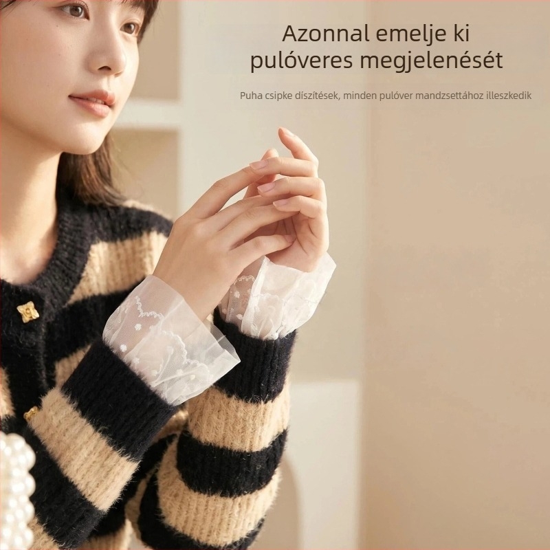 Koreai stílusú hamis ujjvégek tavasz–ősz–télre, csipkével, kettős rétegű chiffon díszítéssel, fehér varrással a mandzsettánál, sokoldalú pulóver-kiegészítő