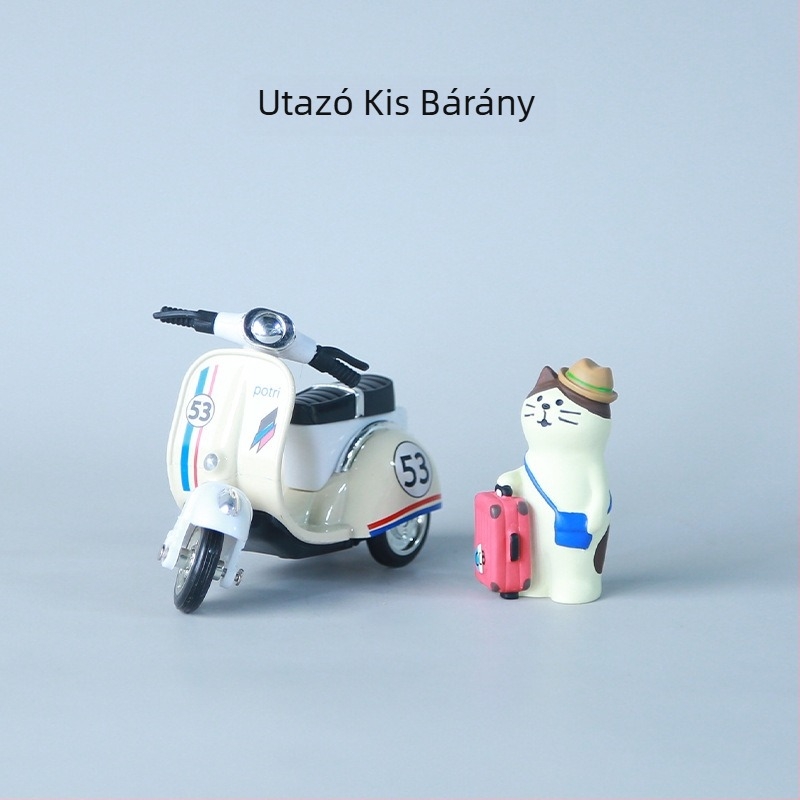 Ötvözet karikatúra állatfigura: utazó macska és bárány, aranyos dekoratív játék