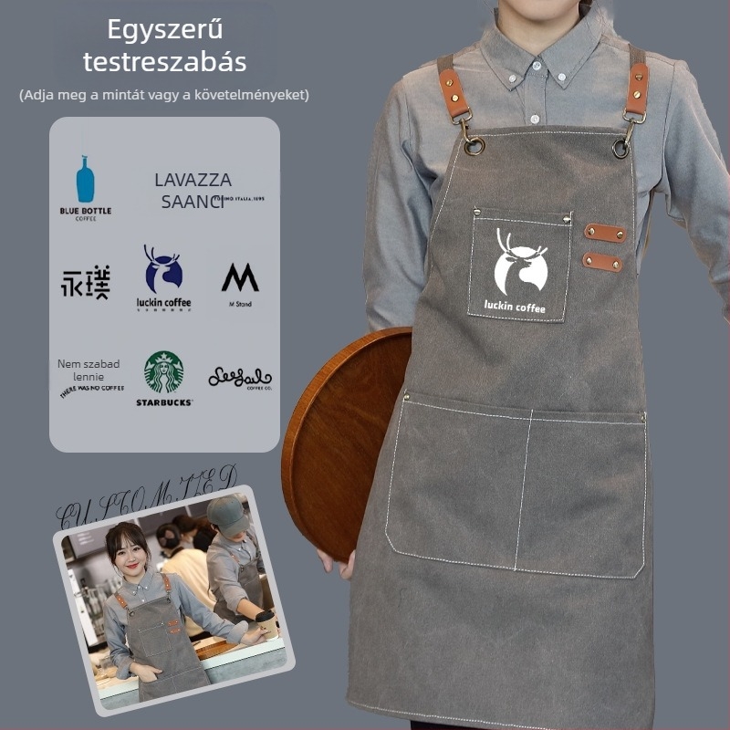 Vászon kötény egyedi logóval, vastított és kopásálló, ideális manikűrös szalonok és fodrász szalonok, valamint kávézók tej-tea boltjainak; prémium munkaruházat.