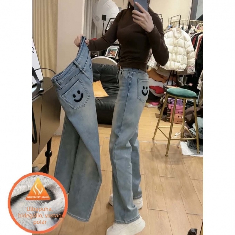 Női mosolyarcú hímzett farmernadrág, széles szabású, magas derék, világoskék denim