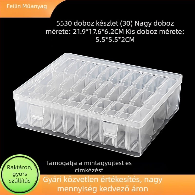 Átlátszó műanyag tároló doboz lehajtható fedéllel, 30 rekesz, nagy kapacitású szervező