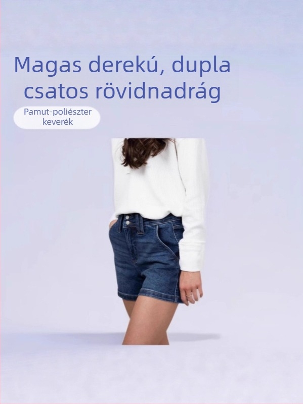 Női magas derekú denim rövidnadrág dupla gombbal, fenéket emelő hatással, nyári utcai stílus