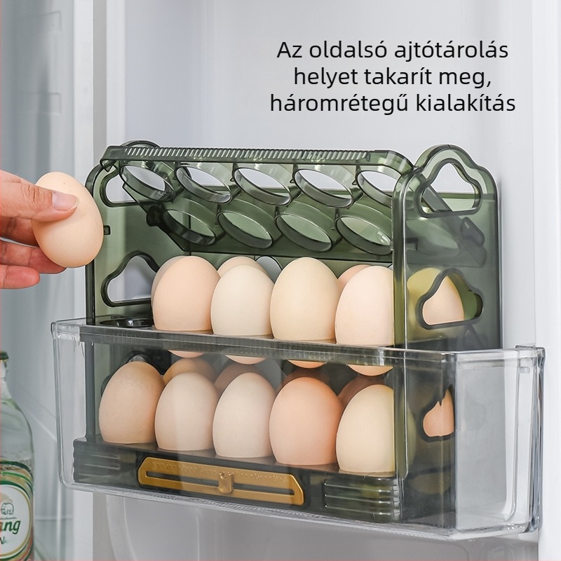 Tojás tároló doboz hűtőszekrény oldalára, több rétegű, nagy kapacitású, visszafordítható kialakítás és dátum rekesz