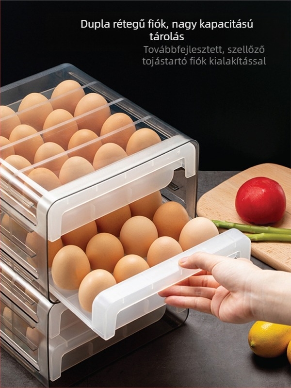 Kétrétegű tojás-tároló doboz hűtőhöz, fiókos kialakítással, zárt fedél és tojásállvány