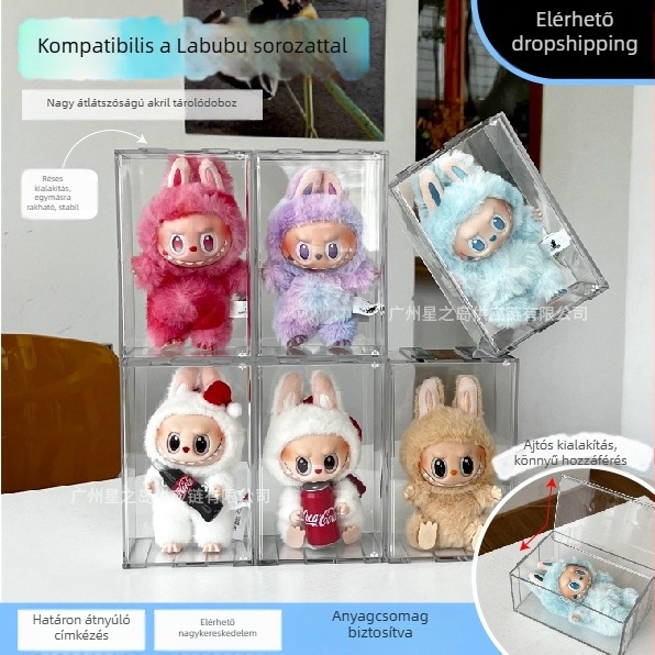 Bubble Mart Labubu akril kijelző doboz – állvány titkos dobozokhoz porvédővel