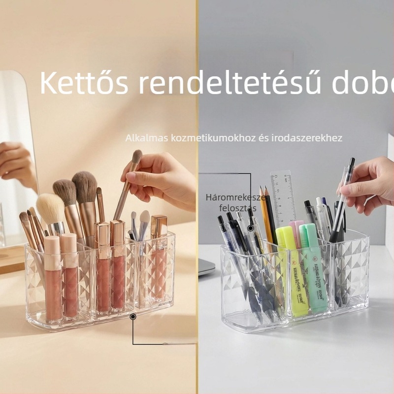 Diamantmintás sminkecset-tároló doboz, három rekesz, akril szemöldökceruza, rúzs, átlátszó asztali tolltartó, kreatív iroda