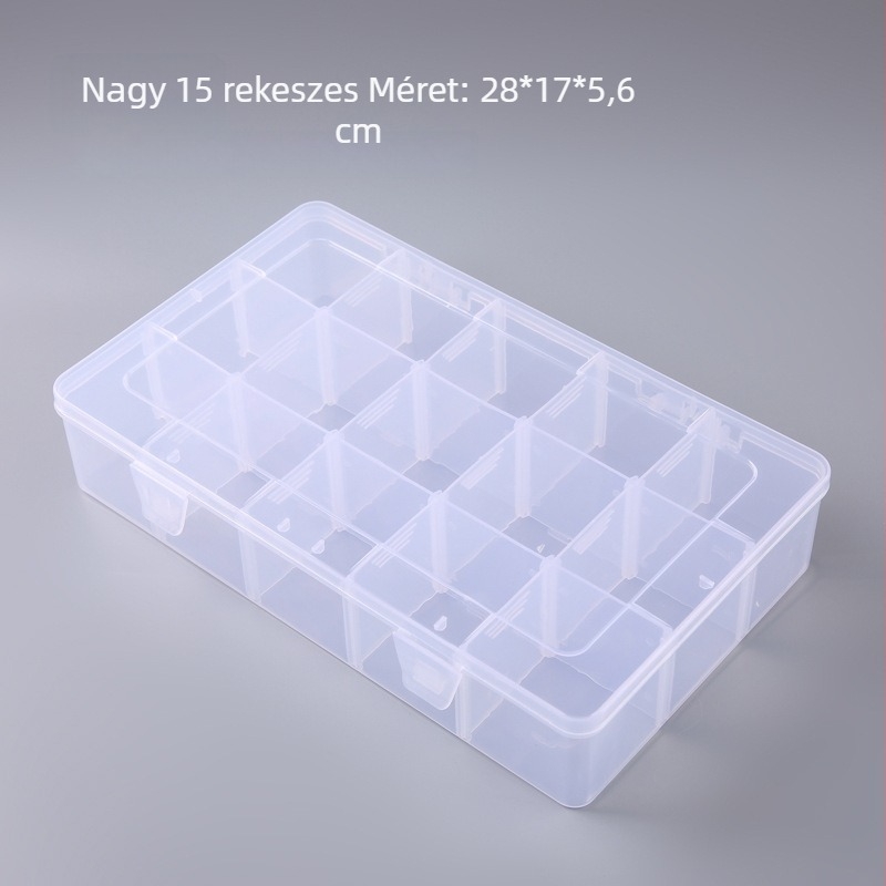 Nagy, átlátszó, 15 rekeszes tárolóbox hardver- és elektronikai alkatrészekhez, ékszerekhez, szalagokhoz és irodai kellékekhez.