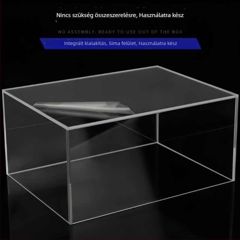 Átlátszó kiállító doboz porvédett fedéllel, integrált kiállító egység és fiókos tálca figuráknak