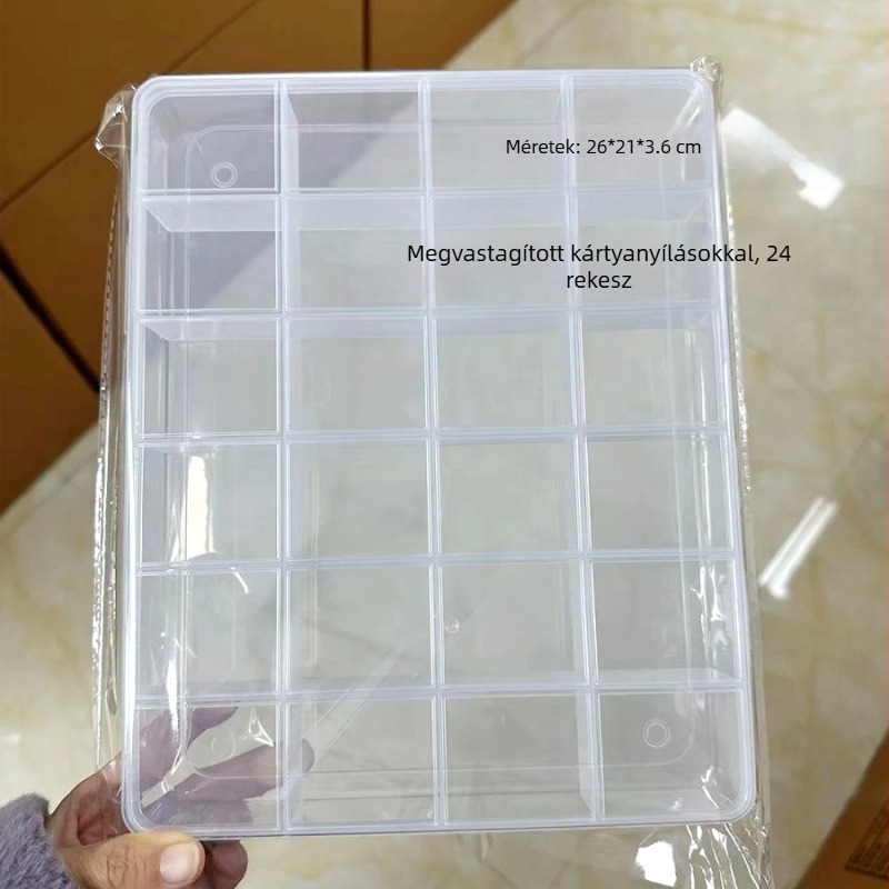 Nagy méretű átlátszó tároló doboz 24 rekesszel és fixált elválasztókkal DIY ékszerekhez