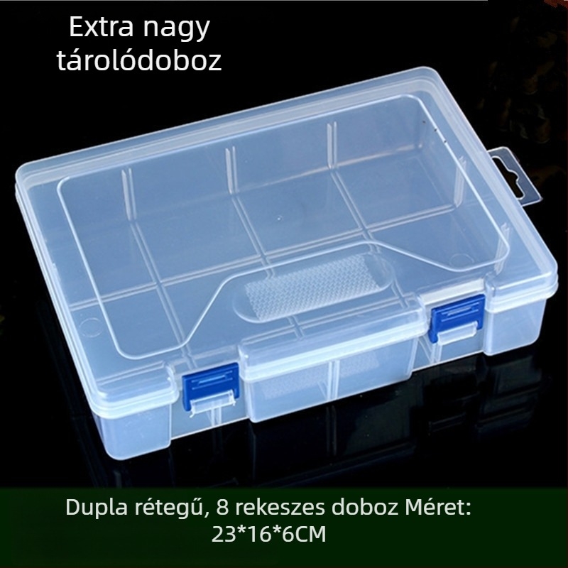 Kétszintes átlátszó téglalap alakú műanyag tároló doboz 8 rekesszel és fedéllel mintákhoz