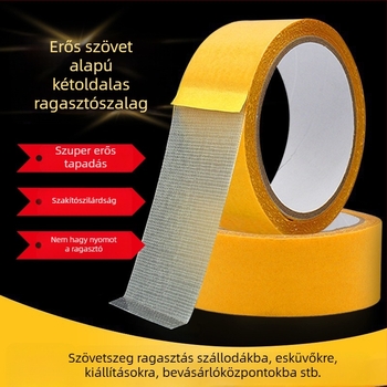 Szövetalapú hálós dviplapos szalag szőnyegek összekapcsolására; erős tapadás; fehér vagy sárga; szélesség 5 cm; hossz 5–20 m; falakhoz, esküvőkhöz és rendezvényekhez