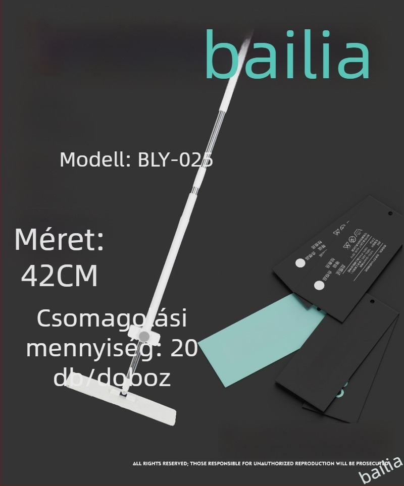 Lapos felmosó fej microfiberral, teleszkópos nyél 140–160 cm, fej mérete 42×11 cm, 90–100% nedvszívás, atkairtó részecskékkel, tisztítás kézmosás nélkül