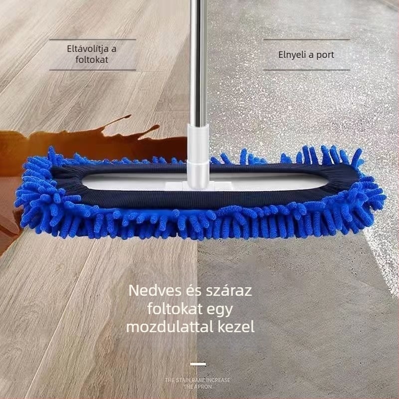 Chenille anyagú lapos mop széles fejjel nagy felületek tisztításához, száraz és nedves használatra