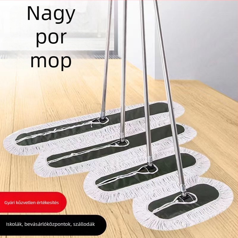 Zöld vízálló lapos mop pamutfonallal, rozsdamentes acél nyéllel, négyszögletes kinyomás, méretek 40/60/80/90/100/110/120 cm