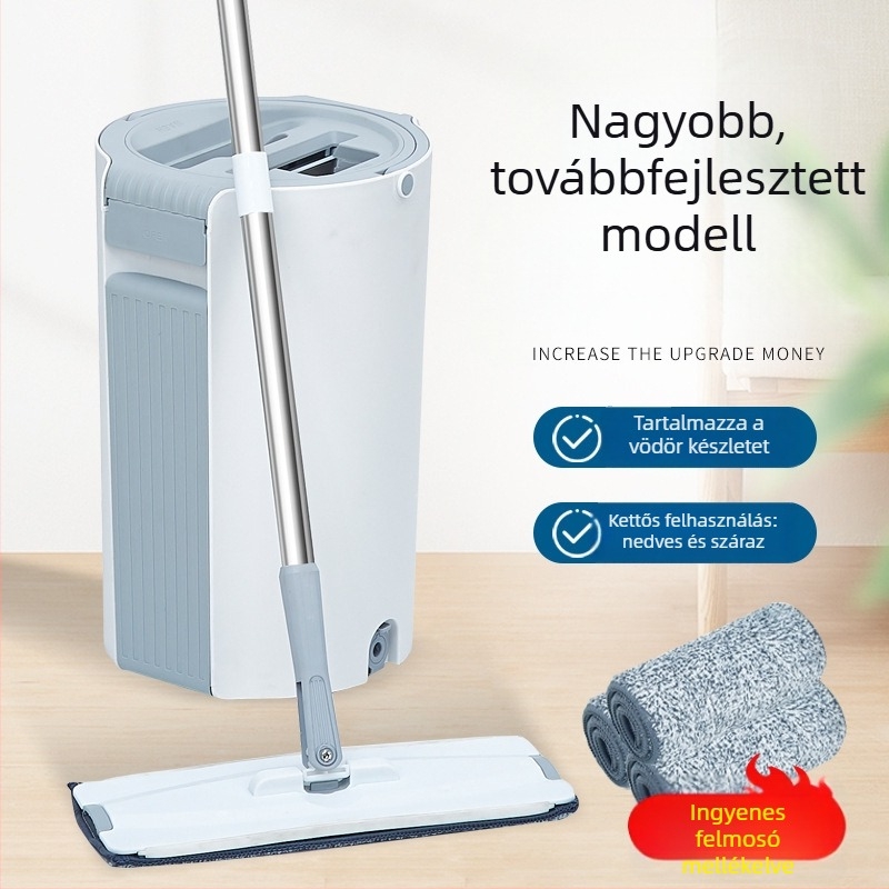 Kerek mop nedves és száraz használatra, nagy méret, kézi mosás nélkül, lapos mop vödörrel