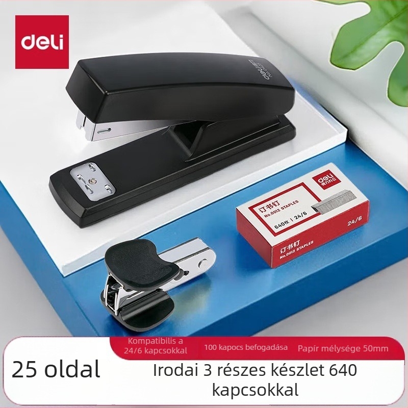 Deli 0354 3 részes tűzőgép készlet kapocs-eltávolítóval, közepes méret, 25 oldalig