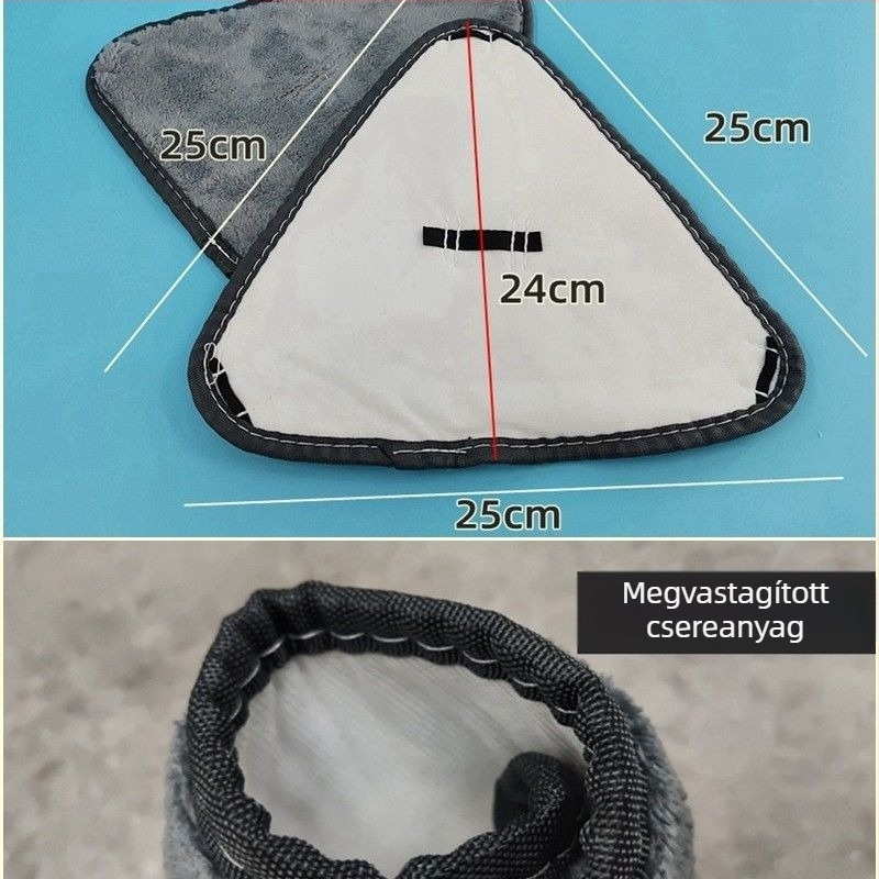 Háromszög alakú mop cserélhető ruhával, érintés nélküli használat, vastagabb pótruhával